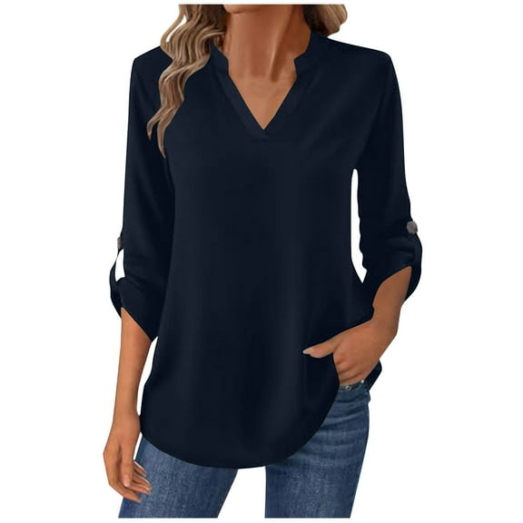 ZUKMRJPC Women's V Neck Shirts Casual Roll Up Long Sleeve Soft Cotton Slim Fit Pullover Tops Lightweight Fashion Solid Color Shirts