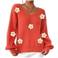 thumbnail image 1 of ZUKMRJPC Women's V Neck Sweater Long Sleeve Casual Fashion 3D Crochet Flower Chunky Knitted Pullover Sweater Fall Winter Warm Cozy Tops, 1 of 7