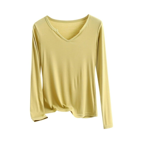 ZUKMRJPC Women's V Neck T-Shirts Long Sleeve Solid Color Casual Soft Comfortable Pullover Tees Fall Lightweight Slim Fit Basic Tops