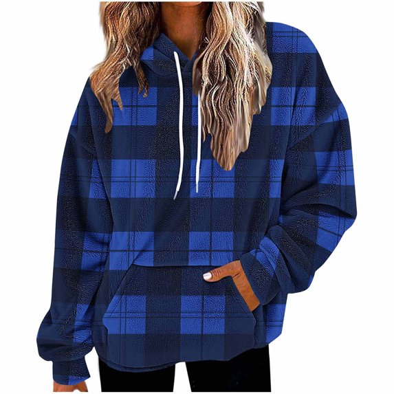 ZUKMRJPC Women's Vintage Plaid Flannel Hoodies Casual Long Sleeve Drawstring Loose Hooded Sweatshirt Fall Warm Pullover Tops with Pocket