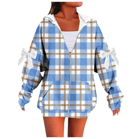 ZUKMRJPC Women's Vintage Plaid Hoodies Long Sleeve Cute Bow Full Zip Hooded Sweatshirt Fall Winter Warm Comfy Outwear with Pockets