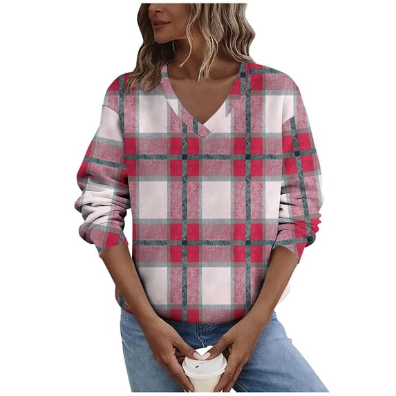 ZUKMRJPC Women's Vintage Plaid Sweatshirts Long Sleeve V Neck Fleece Pullover Sweatshirt Casual Lightweight Loose Fit Fall Warm Tops