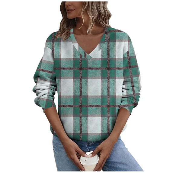 ZUKMRJPC Women's Vintage Plaid Sweatshirts Long Sleeve V Neck Fleece Pullover Sweatshirt Casual Lightweight Loose Fit Fall Warm Tops