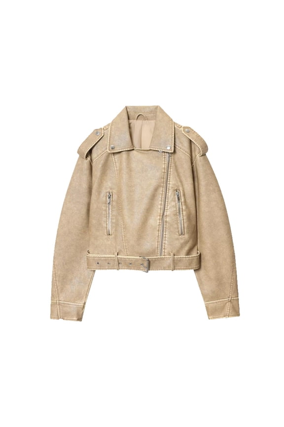 Women's Vintage Washed Leather Jacket Classic Solid Color Zipper Lapel Belt Cropped Jacket Fall Fashion Loose Outwear with Pocket