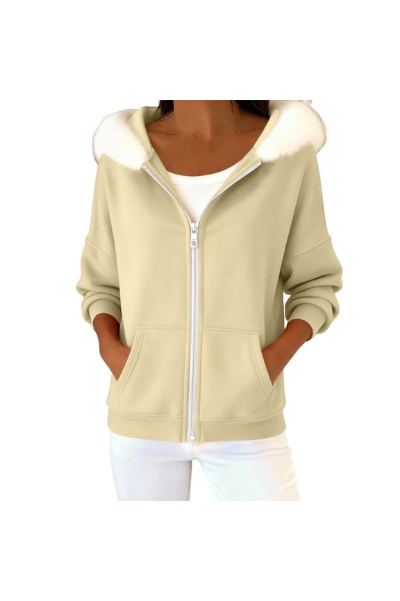 Women's Zip Up Hoodie Long Sleeve Fleece Lined Faux Fur Collared Fall Winter Lightweight Hooded Sweatshirt with Pockets