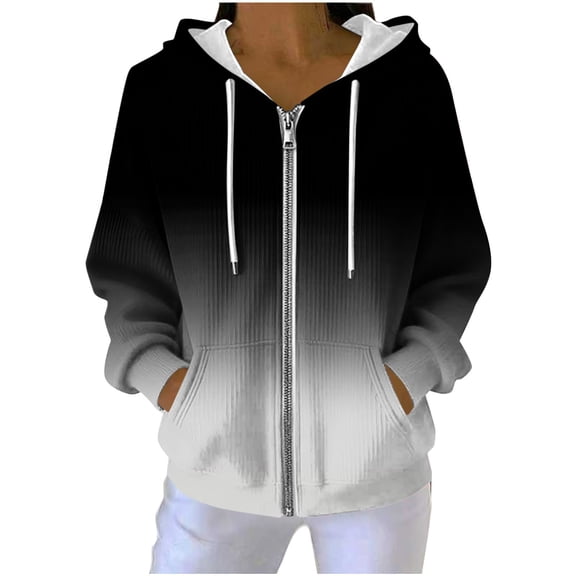 ZUKMRJPC Women's Zip Up Hoodie Long Sleeve Gradient Color Knitted Cotton Outwear Fall Winter Lightweight Hooded Sweatshirt with Pockets