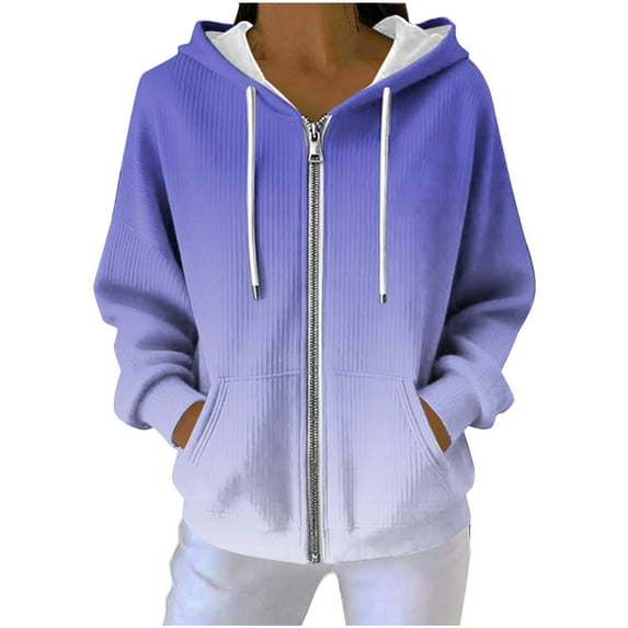 ZUKMRJPC Women's Zip Up Hoodie Long Sleeve Gradient Color Knitted Cotton Outwear Fall Winter Lightweight Hooded Sweatshirt with Pockets