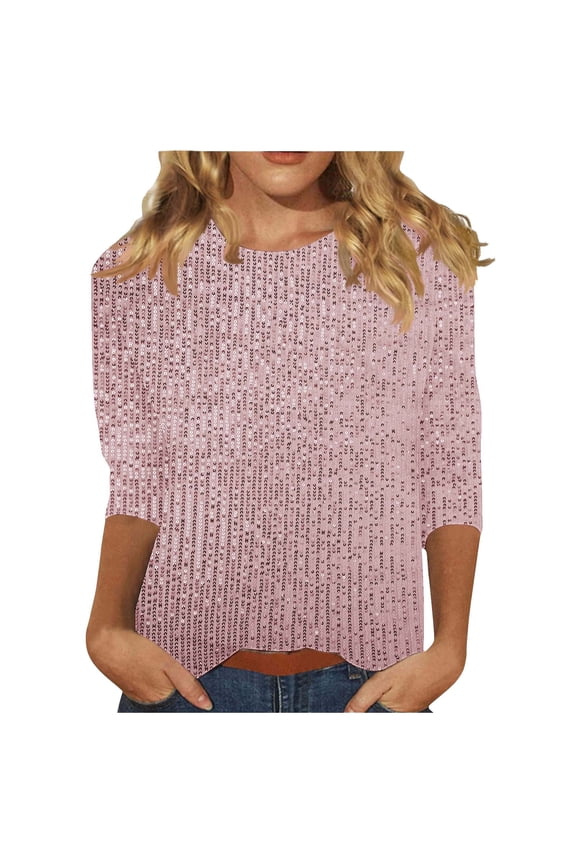 Womens 3/4 Length Sleeve Shirts Crewneck Trendy Shiny Solid Color Tunic Tops Casual Fashion Party Dance Club T-Shirts
