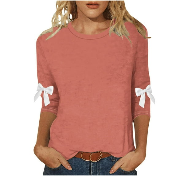 ZUKMRJPC Womens 3/4 Length Sleeve Shirts Fall Fashion Casual Crewneck Solid Color Cute Bow Pullover Daily Loose Fit Cotton T-Shirts