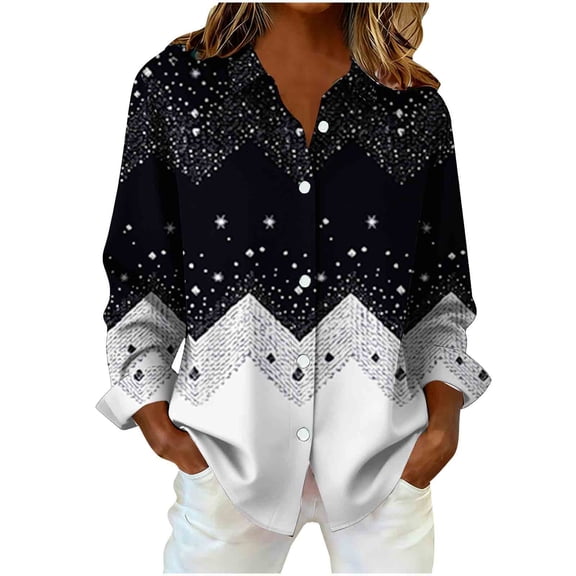 ZUKMRJPC Womens Button Down Shirts Fashion Color Block Shiny Print Casual Shirts Lightweight Comfy Long Sleeve Sparkly Blouse Tops