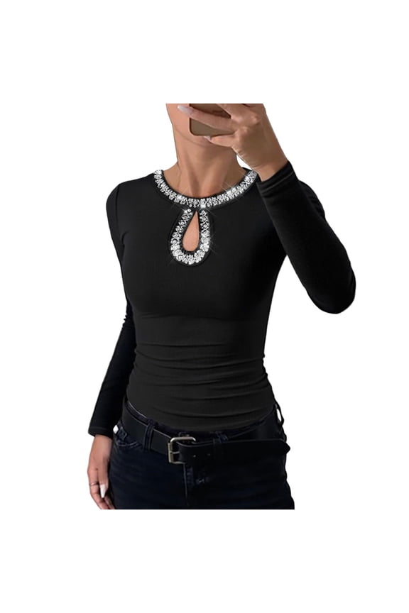 Womens Casual Crewneck Shirts Solid Color Fashion Shinying Long Sleeve Sweater Fall Soft Cozy Slim Fit Knitted Texture Tops