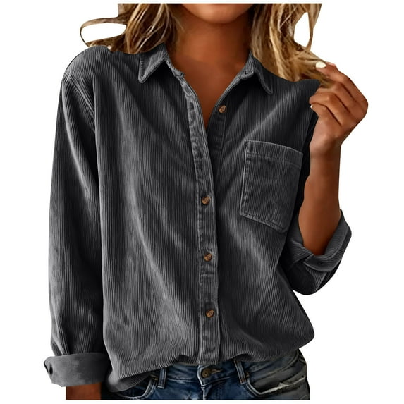 ZUKMRJPC Womens Corduroy Button Down Shirts Long Sleeve Casual Lightweight Shirts Fashion Solid Color Textured Lapel Tops with Pocket