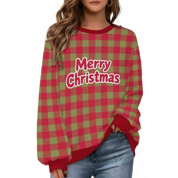 ZUKMRJPC Womens Crewneck Christmas Sweaters Merry Christmas Letter Print Fleece Lined Long Sleeve Cute Plaid Sweatshirts Holiday Party Shirts