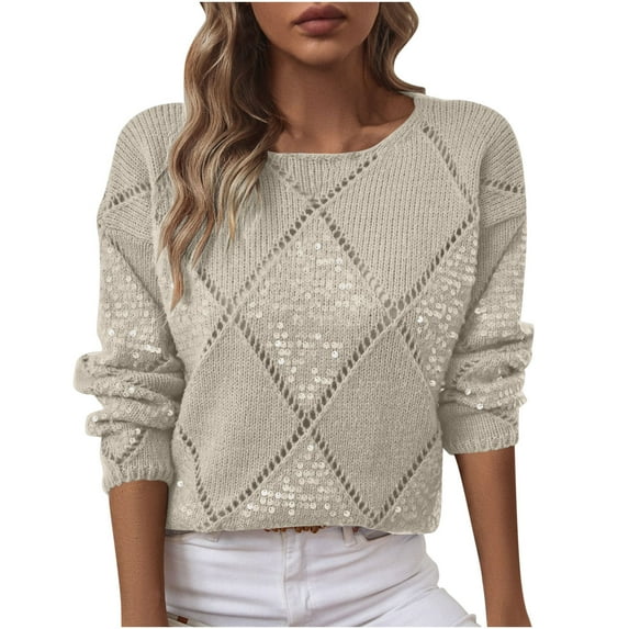 ZUKMRJPC Womens Crewneck Sweater Long Sleeve Crochet Hollow Out Trendy Sequin Knit Sweaters Fall Lightweight Loose Casual Pullover Tops