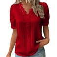 thumbnail image 1 of ZUKMRJPC Womens Cruise Tunic Tops Puff Sleeve Short Sleeve V Neck Spring Solid Color T Shirts Pleated Lace Trim Loose Fit Basic Shirts, 1 of 6