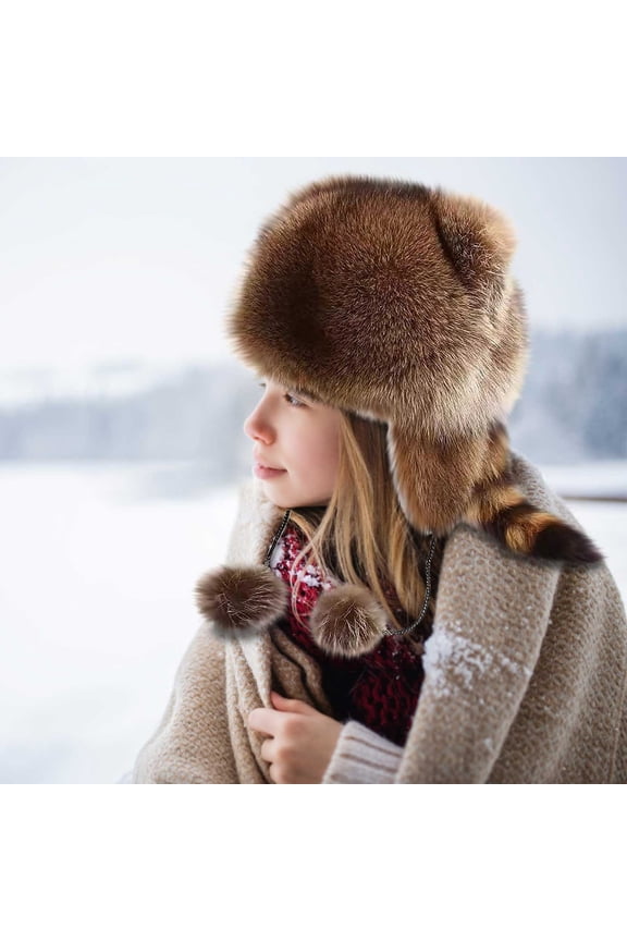 Womens Cute Faux Fur Hat Fashion Solid Color Ear Protection Trapper Hat Fluffy Warm Winter Earflap Hats with Tail
