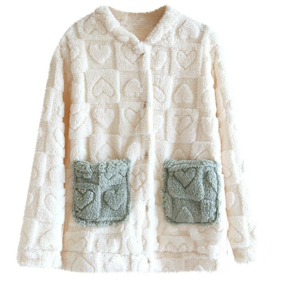 ZUKMRJPC Womens Cute Flannel Jacket Crewneck Button Down Soft Fleece Sleepwear Winter Warm Cozy Loose Pajama Homewear Tops with Pockets