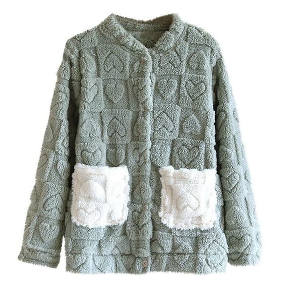 ZUKMRJPC Womens Cute Flannel Jacket Crewneck Button Down Soft Fleece Sleepwear Winter Warm Cozy Loose Pajama Homewear Tops with Pockets