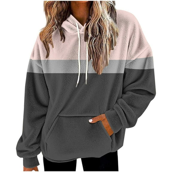 ZUKMRJPC Womens Flannel Hooded Sweatshirts Color Block Casual Long Sleeve Drawstring Fleece Warm Pullover Tops with Pockets