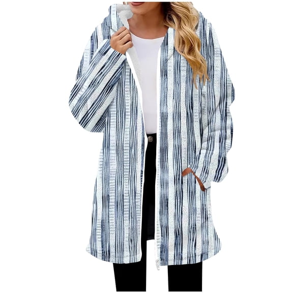 ZUKMRJPC Womens Flannel Hoodies Full Zip Fashion Striped Hooded Cardigan Knee Length Trendy Warm Thick Fleece Lined Outerwear with Pocket
