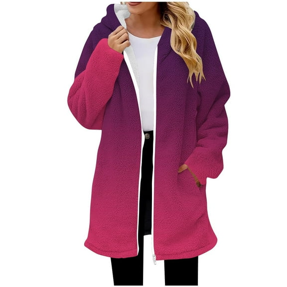 ZUKMRJPC Womens Flannel Long Hoodies Long Sleeve Fashion Gradient Color Long Coats Winter Warm Fleece Zip Up Hooded Outwear with Pocket