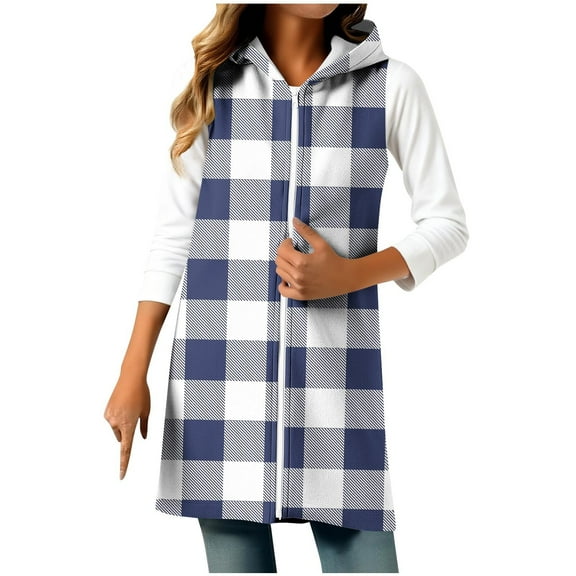 ZUKMRJPC Womens Fleece Hooded Sleeveless Coat Classic Plaid Casual Full Zip Mid Long Jackets Vests Fall Winter Warm Outerwear with Split Hem