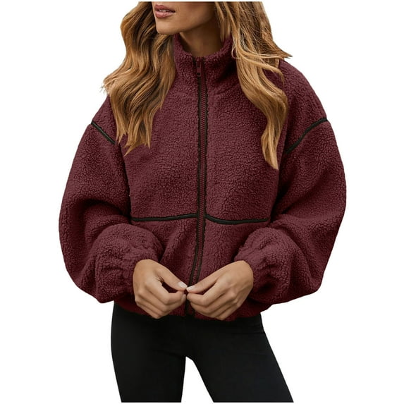 ZUKMRJPC Womens Fleece Jacket Full Zip Up Stand Collar Loose Fit Solid Color Coats Casual Winter Warm Outwear with Pockets