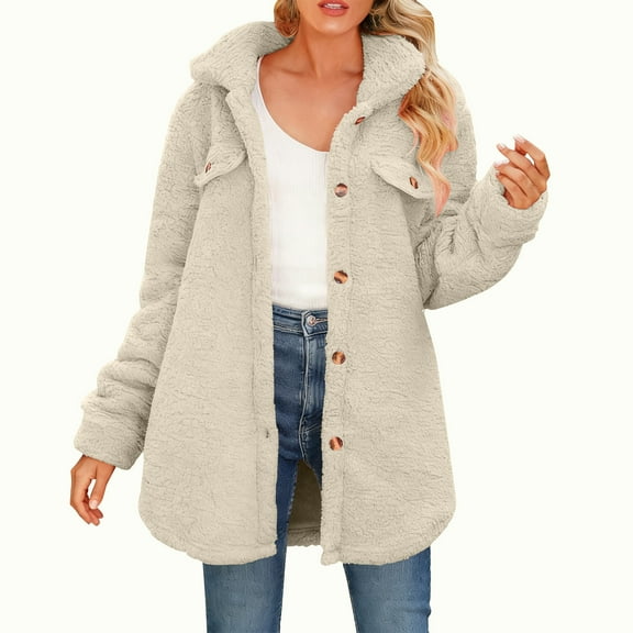 ZUKMRJPC Womens Fleece Jackets Long Sleeve Single Breasted Button Lapel Casual Cardigan Sweaters Solid Color Warm Cozy Winter Coats