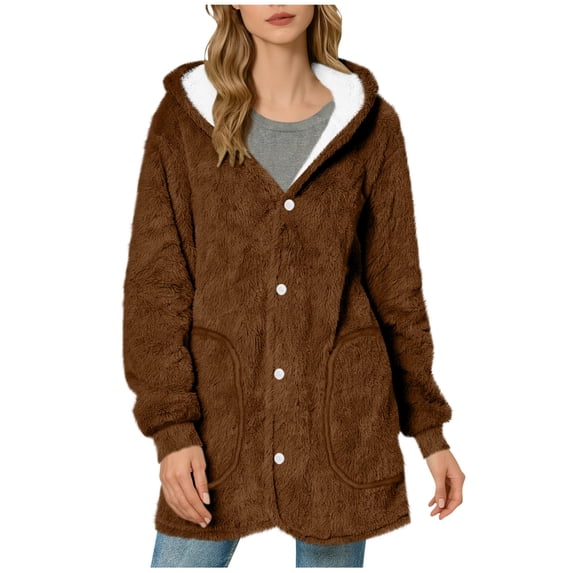 ZUKMRJPC Womens Fleece Jackets Solid Color Button Down Long Fleece Jackets Winter Casual Warm Fluffy Soft Hoodies with Pockets