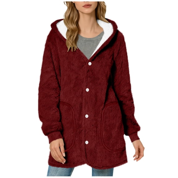 ZUKMRJPC Womens Fleece Jackets Solid Color Button Down Long Fleece Jackets Winter Casual Warm Fluffy Soft Hoodies with Pockets