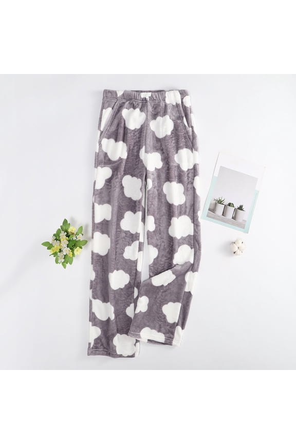 Womens Fleece Pajama Pants Cute Clouds Print Soft Cozy Lounge Pants Baggy Warm Thick Pajama Bottoms with Pockets