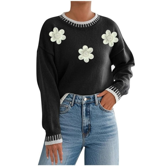 ZUKMRJPC Womens Floral Sweaters Long Sleeve Cute Flower Crewneck Trendy Pullover Sweater Fall Winter Casual Loose Soft Knitted Tops