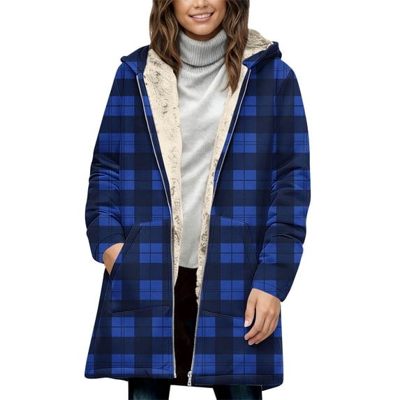 ZUKMRJPC Womens Full Zip Hoodies Long Sleeve Fashion Vintage Plaid Hooded Sweatshirt Winter Warm Thickened Long Outwear with Pocket