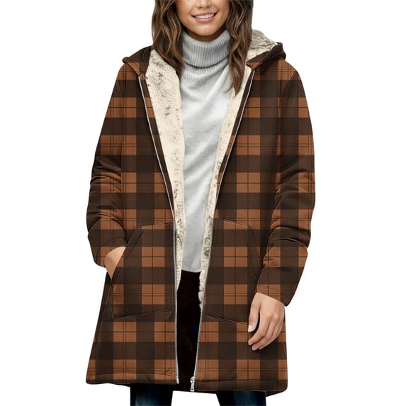 ZUKMRJPC Womens Full Zip Hoodies Long Sleeve Fashion Vintage Plaid Hooded Sweatshirt Winter Warm Thickened Long Outwear with Pocket