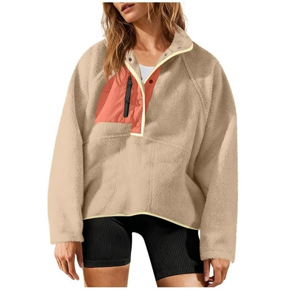 ZUKMRJPC Womens Half Button Pullover Sweatshirt Long Sleeve Color Block Fleece Sweatshirt Oversized Warm Loose Mock Neck Tops with Pocket