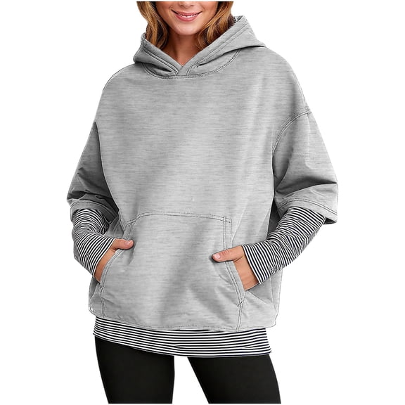 ZUKMRJPC Womens Hoodies Fake Two Pieces Casual Long Sleeve Patchwork Striped Hooded Sweatshirt Fashion Fall Tops with Kangaroo Pocket