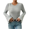 thumbnail image 1 of ZUKMRJPC Womens Long Bell Sleeve Shirts Solid Color Slim Fit Knitted Textured T-Shirts Trendy Going Out Fall Winter Fashion Outfits, 1 of 4