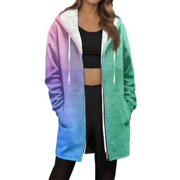 ZUKMRJPC Womens Long Hoodies Full Zip Up Gradient Color Casual Hooded Jackets Winter Warm Comfy Fleece Long Coats with Pockets