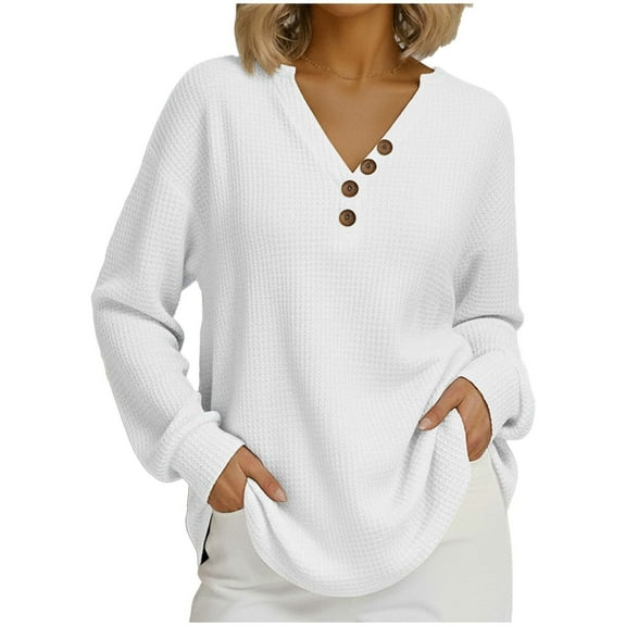 ZUKMRJPC Womens Long Sleeve Shirts Casual Lightweight V Neck Basic Tees Fall Fashion Waffleknit Textured Pullover Tops