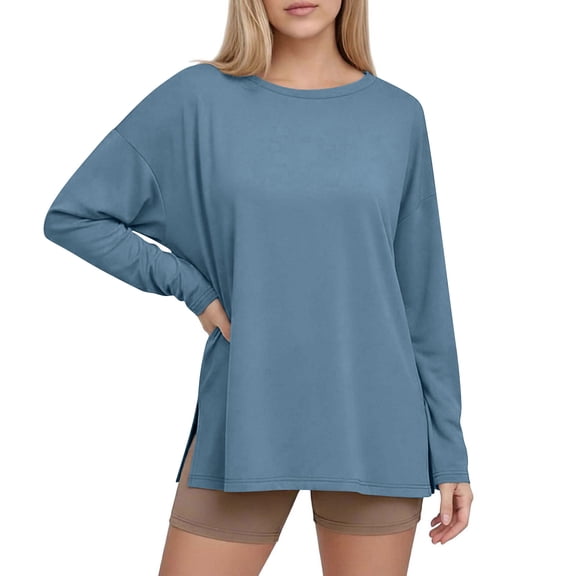 ZUKMRJPC Womens Long Sleeve Shirts Oversize Crewneck Solid Color Side Split Spring Tops Casual Loose Comfy Basic Workout Gym Tees