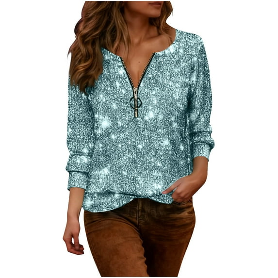 ZUKMRJPC Womens Long Sleeve Shirts Quarter Zip Fashion Shiny Crewneck Pullover Tees Trendy Casual Lightweight Slim Fit Tops