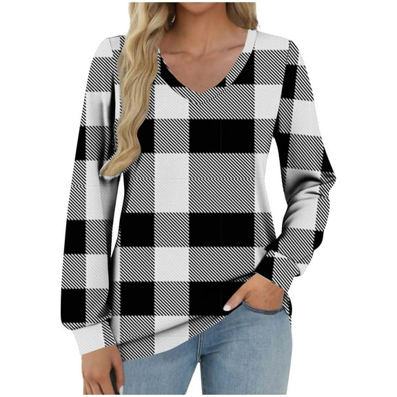 ZUKMRJPC Womens Long Sleeve Shirts Vintage Plaid Casual V Neck Lightweight Pullover Tops Fall Fashion Loose Basic Cotton Tees