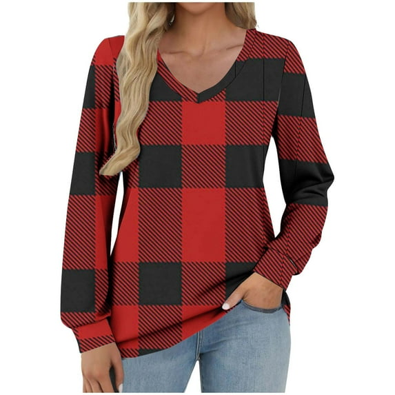 ZUKMRJPC Womens Long Sleeve Shirts Vintage Plaid Casual V Neck Lightweight Pullover Tops Fall Fashion Loose Basic Cotton Tees