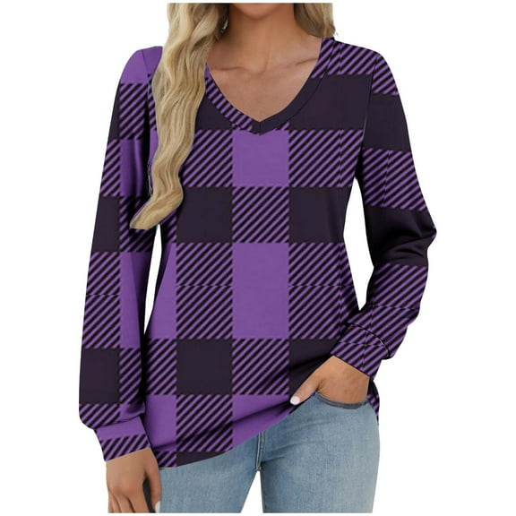 ZUKMRJPC Womens Long Sleeve Shirts Vintage Plaid Casual V Neck Lightweight Pullover Tops Fall Fashion Loose Basic Cotton Tees