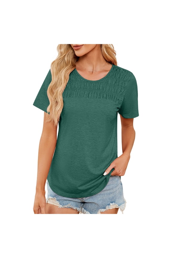Womens Loose Fit T Shirts Classic Summer Round Neck Workout Blouses Ruched Bust Solid Color Short Sleeve Basic Tee