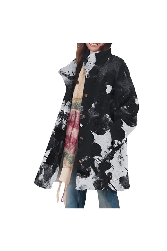 Womens Mid Long Fleece Overcoat Oversized Fashion Print Lapel Button Down Winter Coats Casual Warm Long Jacket with Pockets