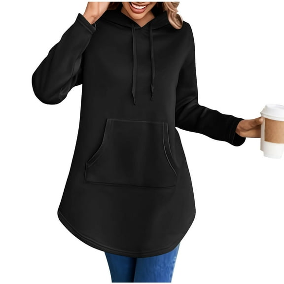 ZUKMRJPC Womens Oversized Long Hoodie Casual Long Sleeve Fleece Lined Hooded Tunic Sweatshirt Fall Fashion Comfy Pullover Tops with Kangaroo Pocket