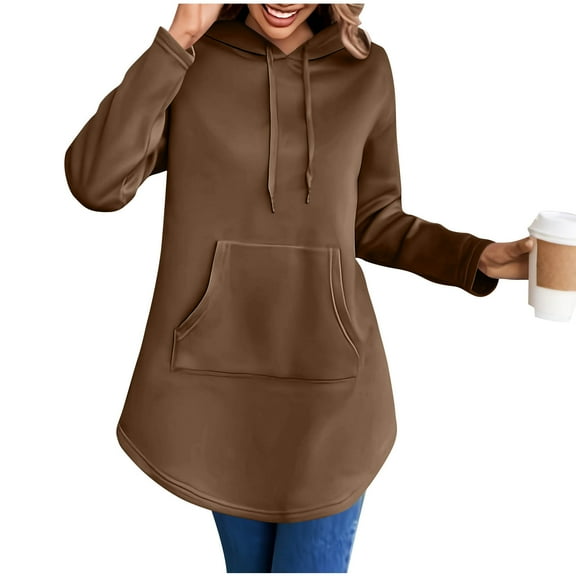 ZUKMRJPC Womens Oversized Long Hoodie Casual Long Sleeve Fleece Lined Hooded Tunic Sweatshirt Fall Fashion Comfy Pullover Tops with Kangaroo Pocket