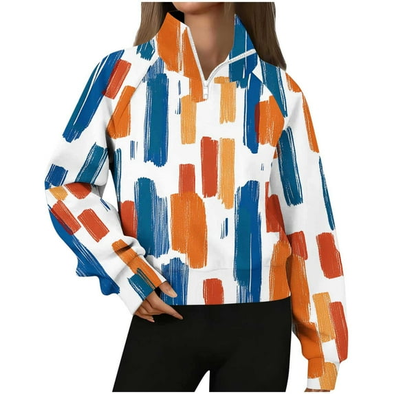 ZUKMRJPC Womens Oversized Sweatshirts Fall Fashion Colorful Print Quarter Zip Cropped Pullover Warm Fleece Long Sleeve Shirts Clothes