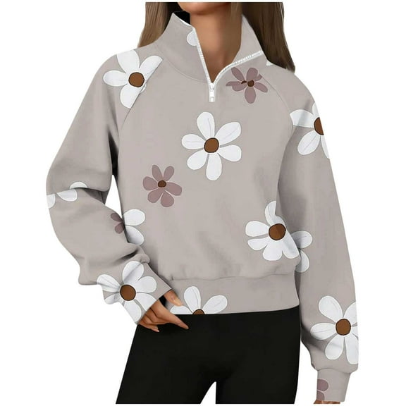 ZUKMRJPC Womens Oversized Sweatshirts Quarter Zip Fall Fashion Cute Flower Print Fleece Cropped Pullover Warm Loose Long Sleeve Tops